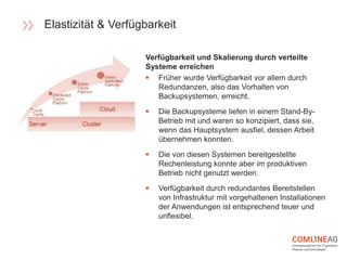 Verfügbarkeit und Skalierung durch verteilte
Systeme erreichen
 Früher wurde Verfügbarkeit vor allem durch
Redundanzen, also das Vorhalten von
Backupsystemen, erreicht.
 Die Backupsysteme liefen in einem Stand-By-
Betrieb mit und waren so konzipiert, dass sie,
wenn das Hauptsystem ausfiel, dessen Arbeit
übernehmen konnten.
 Die von diesen Systemen bereitgestellte
Rechenleistung konnte aber im produktiven
Betrieb nicht genutzt werden.
 Verfügbarkeit durch redundantes Bereitstellen
von Infrastruktur mit vorgehaltenen Installationen
der Anwendungen ist entsprechend teuer und
unflexibel.
Elastizität & Verfügbarkeit
 