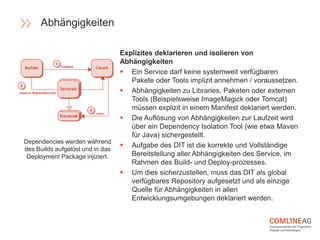 Abhängigkeiten
Dependencies werden während
des Builds aufgelöst und in das
Deployment Package injiziert.
Explizites deklarieren und isolieren von
Abhängigkeiten
 Ein Service darf keine systemweit verfügbaren
Pakete oder Tools implizit annehmen / voraussetzen.
 Abhängigkeiten zu Libraries, Paketen oder externen
Tools (Beispielsweise ImageMagick oder Tomcat)
müssen explizit in einem Manifest deklariert werden.
 Die Auflösung von Abhängigkeiten zur Laufzeit wird
über ein Dependency Isolation Tool (wie etwa Maven
für Java) sichergestellt.
 Aufgabe des DIT ist die korrekte und Vollständige
Bereitstellung aller Abhängigkeiten des Service, im
Rahmen des Build- und Deploy-prozesses.
 Um dies sicherzustellen, muss das DIT als global
verfügbares Repository aufgesetzt und als einzige
Quelle für Abhängigkeiten in allen
Entwicklungsumgebungen deklariert werden.
 