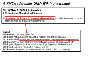 4. KMCA addresses ONLY filth (not garbage)
KMCA
255 Provision for removal of filth
256 Public notice ordering deposit of rubbish and filth by occupier
257 Removal of rubbish and filth accumulating in large quantities on premises
258 Provision for daily cleaning of streets and removal of rubbish and filth
259 Rights of property of corporation in things deposited in receptacles
260 Directions as to removal of rubbish and filth
263 Prohibition against accumulation of rubbish and filth on premises.
KMCA
255 Provision for removal of filth
256 Public notice ordering deposit of rubbish and filth by occupier
257 Removal of rubbish and filth accumulating in large quantities on premises
258 Provision for daily cleaning of streets and removal of rubbish and filth
259 Rights of property of corporation in things deposited in receptacles
260 Directions as to removal of rubbish and filth
263 Prohibition against accumulation of rubbish and filth on premises.
MSWM&H Rules Schedule II
1. Collection of Municipal solid waste
1. Littering of municipal solid waste shall be prohibited in cities, towns and in urban
areas notified by the State Governments.
MSWM&H Rules Schedule II
1. Collection of Municipal solid waste
1. Littering of municipal solid waste shall be prohibited in cities, towns and in urban
areas notified by the State Governments.
 
