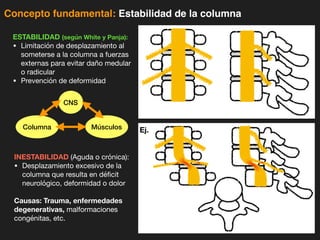 iDESIGN
by HiSlide.io
Concepto fundamental: Estabilidad de la columna
ESTABILIDAD (según White y Panja):
• Limitación de desplazamiento al
someterse a la columna a fuerzas
externas para evitar daño medular
o radicular
• Prevención de deformidad
INESTABILIDAD (Aguda o crónica):
• Desplazamiento excesivo de la
columna que resulta en déficit
neurológico, deformidad o dolor
Causas: Trauma, enfermedades
degenerativas, malformaciones
congénitas, etc.
CNS
Músculos
Columna Ej.
 
