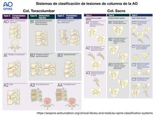 Sistemas de clasificación de lesiones de columna de la AO
Col. Toracolumbar Col. Sacra
https://aospine.aofoundation.org/clinical-library-and-tools/ao-spine-classification-systems
 