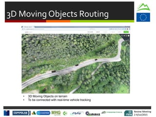Review Meeting
2-4/Jul/2015
Review Meeting
2-4/Jul/2015
3D Moving Objects Routing
• 3D Moving Objects on terrain
• To be connected with real-time vehicle tracking
 