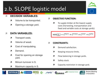 Review Meeting
2-4/Jul/2015
Review Meeting
2-4/Jul/2015
2.b. SLOPE logistic model
 DECISION VARIABLES:
 Volume to be transported.
 Opening a storage yard.
 DATA VARIABLES:
 Transport costs.
 Volume of wood.
 Cost of manipulating.
 Demand.
 Cost for opening an storage
yard.
 Minium turnover in S.
 Maximum capacity in S.
 CONSTRAINTS:
 Demand satisfaction.
 Keeping resource limits.
 Flow balancing in storage yards.
 Safety stock.
 Capacity restriction in storage yard.
 OBJECTIVE FUNCTION:
 To supply timber at the lowest supply
costs (harvesting, transportation and
fixed and variable costs at storage yards):
 
