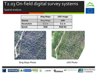 Review Meeting
2-4/Jul/2015
Review Meeting
2-4/Jul/2015
Bing Maps Photo UAV Photo
Bing Maps UAV image
Source Bing Maps UAV
Resolution 0.5 m 0.1 m
Bands RGB RGB-Nir
T2.03 On-field digital survey systems
Spatial analysis
Mid-term Review
2/July/15
 
