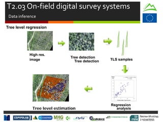 Review Meeting
2-4/Jul/2015
Review Meeting
2-4/Jul/2015
T2.03 On-field digital survey systems
Data inference
Tree level estimation
High res.
image
Tree level regression
Tree detection
Tree detection TLS samples
y = -0.0069x2
+ 0.4969x - 0.0193
R2
= 0.7064
0
1
2
3
4
5
6
0 5 10 15
Predicted Height * Basal Area (m3)
Volume
(m3)
Regression
analysis
Mid-term Review
2/July/15
 