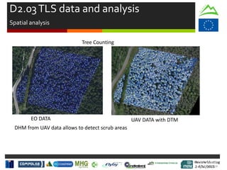 Review Meeting
2-4/Jul/2015
Review Meeting
2-4/Jul/2015
Kick-off Meeting
8-9/jan/2014
Tree Counting
EO DATA UAV DATA with DTM
DHM from UAV data allows to detect scrub areas
D2.03TLS data and analysis
Spatial analysis
 