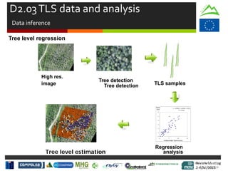 Review Meeting
2-4/Jul/2015
Review Meeting
2-4/Jul/2015
Kick-off Meeting
8-9/jan/2014
D2.03TLS data and analysis
Data inference
Tree level estimation
High res.
image
Tree level regression
Tree detection
Tree detection TLS samples
y = -0.0069x2
+ 0.4969x - 0.0193
R2
= 0.7064
0
1
2
3
4
5
6
0 5 10 15
Predicted Height * Basal Area (m3)
Volume
(m3)
Regression
analysis
 