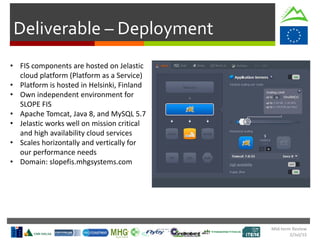 Deliverable – Deployment
• FIS components are hosted on Jelastic
cloud platform (Platform as a Service)
• Platform is hosted in Helsinki, Finland
• Own independent environment for
SLOPE FIS
• Apache Tomcat, Java 8, and MySQL 5.7
• Jelastic works well on mission critical
and high availability cloud services
• Scales horizontally and vertically for
our performance needs
• Domain: slopefis.mhgsystems.com
Mid-term Review
2/Jul/15
 