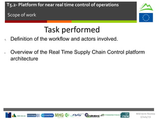 Task performed
1. Definition of the workflow and actors involved.
• Overview of the Real Time Supply Chain Control platform
architecture
T5.2- Platform for near real time control of operations
Scope of work
Mid-term Review
2/July/15
 
