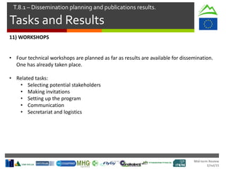 Mid-term Review
2/Jul/15
Tasks and Results
T.8.1 – Dissemination planning and publications results.
11) WORKSHOPS
• Four technical workshops are planned as far as results are available for dissemination.
One has already taken place.
• Related tasks:
• Selecting potential stakeholders
• Making invitations
• Setting up the program
• Communication
• Secretariat and logistics
 