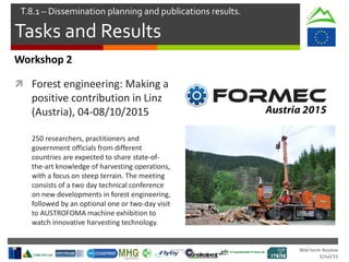 Mid-term Review
2/Jul/15
Tasks and Results
T.8.1 – Dissemination planning and publications results.
Workshop 2
 Forest engineering: Making a
positive contribution in Linz
(Austria), 04-08/10/2015
250 researchers, practitioners and
government officials from different
countries are expected to share state-of-
the-art knowledge of harvesting operations,
with a focus on steep terrain. The meeting
consists of a two day technical conference
on new developments in forest engineering,
followed by an optional one or two-day visit
to AUSTROFOMA machine exhibition to
watch innovative harvesting technology.
 