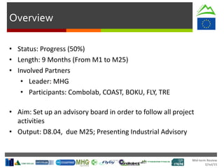 Mid-term Review
2/Jul/15
Overview
• Status: Progress (50%)
• Length: 9 Months (From M1 to M25)
• Involved Partners
• Leader: MHG
• Participants: Combolab, COAST, BOKU, FLY, TRE
• Aim: Set up an advisory board in order to follow all project
activities
• Output: D8.04, due M25; Presenting Industrial Advisory
 