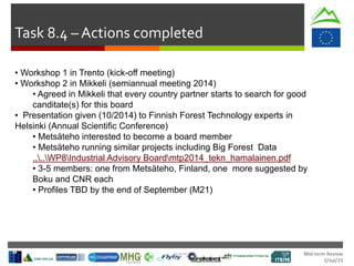 Mid-term Review
2/Jul/15
Task 8.4 – Actions completed
• Workshop 1 in Trento (kick-off meeting)
• Workshop 2 in Mikkeli (semiannual meeting 2014)
• Agreed in Mikkeli that every country partner starts to search for good
canditate(s) for this board
• Presentation given (10/2014) to Finnish Forest Technology experts in
Helsinki (Annual Scientific Conference)
• Metsäteho interested to become a board member
• Metsäteho running similar projects including Big Forest Data
....WP8Industrial Advisory Boardmtp2014_tekn_hamalainen.pdf
• 3-5 members: one from Metsäteho, Finland, one more suggested by
Boku and CNR each
• Profiles TBD by the end of September (M21)
 