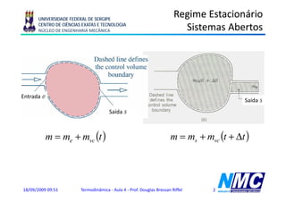 UNIVERSIDADE FEDERAL DE SERGIPE
                                                                        Regime Estacionário
      CENTRO DE CIÊNCIAS EXATAS E TECNOLOGIA
      NÚCLEO DE ENGENHARIA MECÂNICA                                       Sistemas Abertos




Entrada e
                                                                                            Saída s
                                      Saída s



            m = me + mvc (t )                                         m = ms + mvc (t + Δt )
Por
P conservação da massa:
           ã d
  me + mvc (t ) = ms + mvc (t + Δt )                            mvc (t + Δt ) − mvc (t ) = me − ms

18/09/2009 09:51        Termodinâmica - Aula 4 - Prof. Douglas Bressan Riffel     2
 