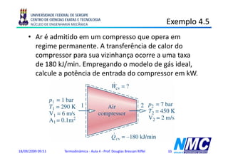 UNIVERSIDADE FEDERAL DE SERGIPE
      CENTRO DE CIÊNCIAS EXATAS E TECNOLOGIA
      NÚCLEO DE ENGENHARIA MECÂNICA                                             Exemplo 4.5
                                                                                    p
     • Ar é admitido em um compresso que opera em
       regime permanente. A t
          i              t    transferência d calor d
                                   f ê i de l do
       compressor para sua vizinhança ocorre a uma taxa
       de
       d 180 kJ/ i E
               kJ/min. Empregando o modelo d gás id l
                                 d       d l de á ideal,
       calcule a potência de entrada do compressor em kW.




18/09/2009 09:51        Termodinâmica - Aula 4 - Prof. Douglas Bressan Riffel   33
 