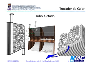 UNIVERSIDADE FEDERAL DE SERGIPE
      CENTRO DE CIÊNCIAS EXATAS E TECNOLOGIA
      NÚCLEO DE ENGENHARIA MECÂNICA                                             Trocador de Calor

                                       Tubo Aletado




18/09/2009 09:51        Termodinâmica - Aula 4 - Prof. Douglas Bressan Riffel        39
 