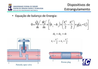 UNIVERSIDADE FEDERAL DE SERGIPE
                                                                                  Dispositivos de
      CENTRO DE CIÊNCIAS EXATAS E TECNOLOGIA
      NÚCLEO DE ENGENHARIA MECÂNICA                                                   g
                                                                                Estrangulamento
     • Equação de balanço de Energia:

                                Qvc Wvc ⎡
                                &    &                                       ⎛V12 V22 ⎞         ⎤
                             0 = − +⎢ h 1 −h 2
                                 &   &
                                                         (              )   +⎜ − ⎟ + g(z1 − z2 )⎥
                                                                             ⎜2 2⎟
                                m m ⎣                                        ⎝        ⎠         ⎦
                                                              m1 = m2 = m
                                                              &    &    &

                                                                  V12        V22
                                                             h1 +     = h2 +
                                                                   2          2




18/09/2009 09:51        Termodinâmica - Aula 4 - Prof. Douglas Bressan Riffel        44
 