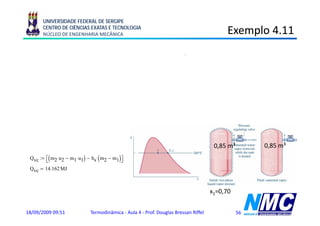 UNIVERSIDADE FEDERAL DE SERGIPE
         CENTRO DE CIÊNCIAS EXATAS E TECNOLOGIA
         NÚCLEO DE ENGENHARIA MECÂNICA                                                                Exemplo 4.11
                                                                                                          p
                                                                                                        3                                 3
                                              kJ                     kJ                             −3 m                              m
 Tabela A-2, 260°C,           uf1 := 1128.4 ⋅        ug1 := 2599.0 ⋅           ν f1 := 1.2755 ⋅10     ⋅             ν g1 := 0.04221 ⋅
                                              kg
                                               g                     kg
                                                                      g                                   kg
                                                                                                           g                          kg
                                                                                                                                       g
                                                                                                                                      3
                (         )
 u1 := uf1 + x1 ⋅ ug1 − uf1        u1 = 2.158 × 10
                                                    3 kJ
                                                   kg
                                                                                                (
                                                                               ν 1 := ν f1 + x1 ⋅ ν g1 − ν f1   )   ν 1 = 29.93 10
                                                                                                                                  −3 m
                                                                                                                                      ⋅
                                                                                                                                          kg

       V
 m1 :=                        m1 = 28.4 kg
       ν1
                                                                                                                                  3
                                                                     3 kJ                                                       m
 Tabela A-2, 260°C,           u2 := ug1              u2 = 2.599 × 10           ν 2 := ν g1                          ν 2 = 0.042
                                                                          kg                                                    kg
          V
 m2 :=                        m2 = 20.137 kg
         ν2
                                               kJ
 Tabela A-2, 260°C,
           ,      ,           hs := 2796.6 ⋅
                                 :
                                               kg
                                                                                              0,85 m³                     0,85 m³
           (                  )      (
 Qvc := ⎡ m2 ⋅u2 − m1 ⋅u1 − hs ⋅ m2 − m1 ⎤
        ⎣                                ⎦      )
 Qvc = 14.162 MJ



                                                                                             x1=0,70
                                                                                                0 70


18/09/2009 09:51                  Termodinâmica - Aula 4 - Prof. Douglas Bressan Riffel                        56
 