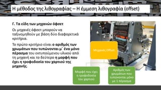 Η μέθοδος της λιθογραφίας – Η έμμεση λιθογραφία (offset)
Γ. Τα είδη των μηχανών όφσετ
Οι μηχανές όφσετ μπορούν να
ταξινομηθούν με βάση δύο διαφορετικά
κριτήρια.
Το πρώτο κριτήριο είναι ο αριθμός των
χρωμάτων που τυπώνονται μ΄ ένα μόνο
πέρασμα του εκτυπούμενου υλικού από
τη μηχανή και το δεύτερο η μορφή που
έχει η τροφοδοσία του χαρτιού της
μηχανής.
Μηχανές Offset
Μορφή που έχει
η τροφοδοσία
του χαρτιού
Αριθμός των
χρωμάτων που
τυπώνονται μόνο
με 1 πέρασμα
 