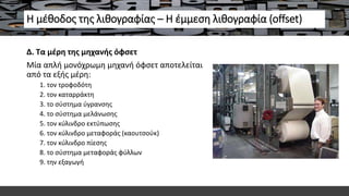 Η μέθοδος της λιθογραφίας – Η έμμεση λιθογραφία (offset)
Δ. Τα μέρη της μηχανής όφσετ
Μία απλή μονόχρωμη μηχανή όφσετ αποτελείται
από τα εξής μέρη:
1. τον τροφοδότη
2. τον καταρράκτη
3. το σύστημα ύγρανσης
4. το σύστημα μελάνωσης
5. τον κύλινδρο εκτύπωσης
6. τον κύλινδρο μεταφοράς (καουτσούκ)
7. τον κύλινδρο πίεσης
8. το σύστημα μεταφοράς φύλλων
9. την εξαγωγή
 