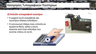 Κατηγορίες Τυπογραφικών Πιεστηρίων
2) Επίπεδο τυπογραφικό πιεστήριο
• Η μηχανή αυτή ονομάζεται και
πιεστήριο πλάκας-κυλίνδρου.
• Η εκτυπωτική πλάκα είναι επίπεδη σε
οριζόντια θέση, αλλά η πίεση
ασκείται από έναν κύλινδρο που
κινείται επάνω σε αυτή.
 