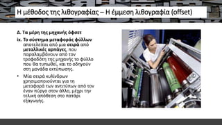 Η μέθοδος της λιθογραφίας – Η έμμεση λιθογραφία (offset)
Δ. Τα μέρη της μηχανής όφσετ
ix. Το σύστημα μεταφοράς φύλλων
αποτελείται από μια σειρά από
μεταλλικές αρπάγες, που
παραλαμβάνουν από τον
τροφοδότη της μηχανής το φύλλο
που θα τυπωθεί, και το οδηγούν
στη μονάδα εκτύπωσης.
• Μία σειρά κυλίνδρων
χρησιμοποιούνται για τη
μεταφορά των αντιτύπων από τον
έναν πύργο στον άλλο, μέχρι την
τελική απόθεση στο πατάρι
εξαγωγής.
 