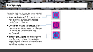 Συναρμογή
Τα είδη της συναρμογής είναι πέντε:
• Knockout (τρύπα): Το αντικείμενο
που δέχεται συναρμογή τρυπά
απολύτως το φόντο.
• Overprint (διπλή εκτύπωση): Το
αντικείμενο αναμειγνύεται πλήρως
με το φόντο (το αντίθετο της
«τρύπας»).
• Spread (άπλωμα): Το αντικείμενο
που δέχεται συναρμογή απλώνει
περιμετρικά ώστε να υπερκαλύπτει
το φόντο από κάτω του.
 