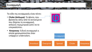 Συναρμογή
Τα είδη της συναρμογής είναι πέντε:
• Choke (άπλωμα): Το φόντο, που
βρίσκεται κάτω από το αντικείμενο
που δέχεται τη συναρμογή,
απλώνει περιμετρικά ώστε να το
υπερκαλύπτει.
• Keepaway: Ειδική συναρμογή η
οποία χρησιμοποιείται όταν
υπάρχουν undercolors. Συναρμογή
Knockout Overprint Spread Choke Keepaway
 