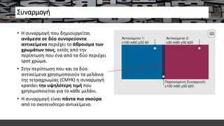 Συναρμογή
• Η συναρμογή που δημιουργείται
ανάμεσα σε δύο συνορεύοντα
αντικείμενα περιέχει το άθροισμα των
χρωμάτων τους, εκτός από την
περίπτωση που ένα από τα δύο περιέχει
spot χρώμα.
• Στην περίπτωση που και τα δύο
αντικείμενα χρησιμοποιούν τα μελάνια
της τετραχρωμίας (CMYK) η συναρμογή
κρατάει την υψηλότερη τιμή που
χρησιμοποιείται για το κάθε μελάνι.
• Η συναρμογή είναι πάντα πιο σκούρα
από το σκοτεινότερο αντικείμενο.
 