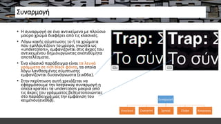 Συναρμογή
• Η συναρμογή σε ένα αντικείμενο με πλούσιο
μαύρο χρώμα διαφέρει από τις κλασικές.
• Λόγω κακής σύμπτωσης το ή τα χρώματα
που εμπλουτίζουν το μαύρο, γνωστά ως
«undercolors», εμφανίζονται στις άκρες του
αντικειμένου δημιουργώντας ανεπιθύμητα
αποτελέσματα.
• Ένα κλασικό παράδειγμα είναι τα λευκά
γράμματα σε rich black φόντο, τα οποία
λόγω λανθασμένης σύμπτωσης
εμφανίζονται δυσανάγνωστα (εικ06α).
• Στην περίπτωση αυτή χρειάζεται να
εφαρμόσουμε την keepaway συναρμογή η
οποία κρατάει τα undercolors μακριά από
τις άκρες του γράμματος βελτιστοποιώντας
στο παράδειγμά μας την εμφάνιση του
κειμένου(εικ06β). Συναρμογή
Knockout Overprint Spread Choke Keepaway
 