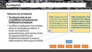 Συναρμογή
Γράμματα και συναρμογή
• Τα κείμενα είναι τα πιο
«ευαίσθητα» αντικείμενα στη
λανθασμένη συναρμογή.
• Συνήθως τα γράμματα είναι σκούρα
πάνω σε ανοιχτόχρωμο φόντο. Σ`
αυτήν την περίπτωση
χρησιμοποιούμε κατά κανόνα choke
συναρμογή (εικ07α) γιατί
διαφορετικά (spread) το κείμενο
παρουσιάζεται αλλοιωμένο (εικ07β). Συναρμογή
Knockout Overprint Spread Choke Keepaway
 