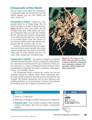 Compounds in Your World
You are always surrounded by compounds.
Compounds make up the food you eat, the
school supplies you use, the clothes you
wear—even you!

Compounds in Nature Proteins are com-
pounds found in all living things. The el-
ement nitrogen is needed to make proteins.
Figure 10 shows how some plants get the
nitrogen they need. Other plants use nitro-
gen compounds that are in the soil. Animals
get the nitrogen they need by eating plants
or by eating animals that have eaten plants.
As an animal digests food, the proteins in
the food are broken down into smaller com-
pounds that the animal’s cells can use.
    Another compound that plays an impor-
tant role in life is carbon dioxide. You exhale
carbon dioxide that was made in your body.
Plants take in carbon dioxide and use it to
make other compounds, including sugar.

                                                                            Figure 10 The bumps on the
Compounds in Industry The element nitrogen is combined
                                                                            roots of this pea plant are home
with the element hydrogen to form a compound called ammo-
                                                                            to bacteria that form compounds
nia. Ammonia is manufactured for use in fertilizers. Plants can             from atmospheric nitrogen. The
use ammonia as a source of nitrogen for their proteins. Other               pea plant makes proteins from
manufactured compounds are used in medicines, food preser-                  these compounds.
vatives, and synthetic fabrics.
    The compounds found in nature are usually not the raw
materials needed by industry. Often, these compounds must
be broken down to provide elements used as raw material. For
example, the element aluminum, used in cans, airplanes, and
building materials, is not found alone in nature. It is produced
by breaking down the compound aluminum oxide.




          REVIEW

     1. What is a compound?
                                                                                 NSTA

     2. What type of change is needed to break down a compound?                TOPIC: Compounds
                                                                               GO TO: www.scilinks.org
     3. Analyzing Ideas A jar contains samples of the elements                 sciLINKS NUMBER: HSTP090
        carbon and oxygen. Does the jar contain a compound?
        Explain.



                                                                  Elements, Compounds, and Mixtures       89
Copyright © by Holt, Rinehart and Winston. All rights reserved.
 