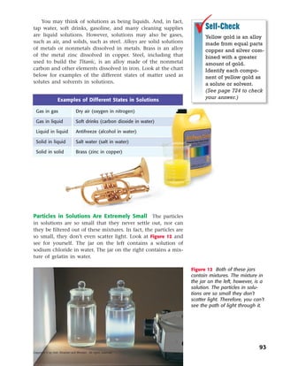 You may think of solutions as being liquids. And, in fact,
tap water, soft drinks, gasoline, and many cleaning supplies                   Self-Check
are liquid solutions. However, solutions may also be gases,                    Yellow gold is an alloy
such as air, and solids, such as steel. Alloys are solid solutions             made from equal parts
of metals or nonmetals dissolved in metals. Brass is an alloy                  copper and silver com-
of the metal zinc dissolved in copper. Steel, including that                   bined with a greater
used to build the Titanic, is an alloy made of the nonmetal                    amount of gold.
carbon and other elements dissolved in iron. Look at the chart                 Identify each compo-
below for examples of the different states of matter used as                   nent of yellow gold as
solutes and solvents in solutions.                                             a solute or solvent.
                                                                               (See page 724 to check
                   Examples of Different States in Solutions                   your answer.)

  Gas in gas                     Dry air (oxygen in nitrogen)

  Gas in liquid                  Soft drinks (carbon dioxide in water)

  Liquid in liquid               Antifreeze (alcohol in water)

  Solid in liquid                Salt water (salt in water)

  Solid in solid                 Brass (zinc in copper)




Particles in Solutions Are Extremely Small The particles
in solutions are so small that they never settle out, nor can
they be filtered out of these mixtures. In fact, the particles are
so small, they don’t even scatter light. Look at Figure 12 and
see for yourself. The jar on the left contains a solution of
sodium chloride in water. The jar on the right contains a mix-
ture of gelatin in water.

                                                                         Figure 12 Both of these jars
                                                                         contain mixtures. The mixture in
                                                                         the jar on the left, however, is a
                                                                         solution. The particles in solu-
                                                                         tions are so small they don’t
                                                                         scatter light. Therefore, you can’t
                                                                         see the path of light through it.




                                                                                                         93
Copyright © by Holt, Rinehart and Winston. All rights reserved.
 