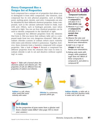 Every Compound Has a
Unique Set of Properties
Each compound has a unique set of properties that allows you
                                                                                                       Compound Confusion
to distinguish it from other compounds. Like elements, each
compound has its own physical properties, such as boiling                                           1. Measure 4 g (1 tsp)
point, melting point, density, and color. Compounds can also                                           of compound A,
be identified by their different chemical properties. Some com-                                        and place it in a
pounds, such as the calcium carbonate found in chalk, react                                            clear plastic cup.
with acid. Others, such as hydrogen peroxide, react when                                            2. Measure 4 g (1 tsp)
exposed to light. You can see how chemical properties can be                                           of compound B,
used to identify compounds in the QuickLab at right.                                                   and place it in a
    A compound has different properties from the elements                                              second clear
that form it. Did you know that ordinary table salt is a com-                                          plastic cup.
pound made from two very dangerous elements? Table salt—                                            3. Observe the color and
sodium chloride—consists of sodium (which reacts violently                                             texture of each compound.
with water) and chlorine (which is poisonous). Together, how-                                          Record your observations.
ever, these elements form a harmless compound with unique                                           4. Add 5 mL (1 tsp) of
properties. Take a look at Figure 7. Because a compound has                                            vinegar to each cup.
different properties from the elements that react to form it,                                          Record your observations.
sodium chloride is safe to eat and dissolves (without explod-                                       5. Baking soda reacts with
ing!) in water.                                                                                        vinegar, while powdered
                                                                                                       sugar does not. Which of
                                                                                                       these compounds is
                                                                                                       compound A, and which is
Figure 7 Table salt is formed when the                                                                 compound B?
elements sodium and chlorine join. The
properties of salt are different from the
properties of sodium and chlorine.




  Sodium is a soft, silvery                                                                       Sodium chloride, or table salt, is
                                                                  Chlorine is a poisonous,
  white metal that reacts                                                                         a white solid that dissolves easily
                                                                  greenish yellow gas.
  violently with water.                                                                           in water and is safe to eat.




           Self-Check
           Do the properties of pure water from a glacier and
           from a desert oasis differ? (See page 724 to check
           your answer.)


                                                                                        Elements, Compounds, and Mixtures          87
Copyright © by Holt, Rinehart and Winston. All rights reserved.
 