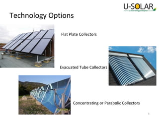 Technology Options
Flat Plate Collectors

Evacuated Tube Collectors

Concentrating or Parabolic Collectors
6

 