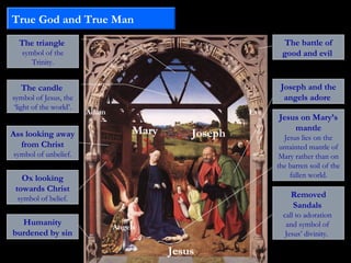 Ass looking away
from Christ
symbol of unbelief.
True God and True Man
Humanity
burdened by sin
The triangle
symbol of the
Trinity.
Mary Joseph
Jesus
Angels
Adam Eve
Removed
Sandals
call to adoration
and symbol of
Jesus’ divinity.
Jesus on Mary’s
mantle
Jesus lies on the
untainted mantle of
Mary rather than on
the barren soil of the
fallen world.
The candle
symbol of Jesus, the
‘light of the world’.
Ox looking
towards Christ
symbol of belief.
Joseph and the
angels adore
The battle of
good and evil
 