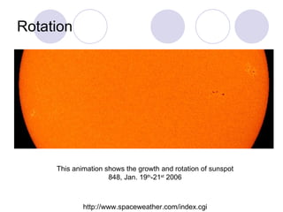 Rotation This animation shows the growth and rotation of sunspot 848, Jan. 19 th -21 st  2006 http://www.spaceweather.com/index.cgi 