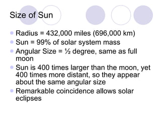 Size of Sun Radius = 432,000 miles (696,000 km) Sun = 99% of solar system mass Angular Size = ½ degree, same as full moon Sun is 400 times larger than the moon, yet 400 times more distant, so they appear about the same angular size Remarkable coincidence allows solar eclipses 