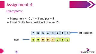 Example’s:
➢ Input: num = 10 , n = 3 and pos = 5
➢ Invert 3 bits from position 5 of num 10:
Assignment 4
0 0 0
1
0
1
0
0
7 6 0
1
2
3
4
5 Bit Position
num
 