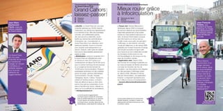 Communauté d’agglomération
du Grand Cahors (Lot)

Grand Cahors :
laissez-passer !
Cahors, président
du Grand Cahors

100

“Le Grand Pass
est une carte
d’identité de territoire
qui transforme
l’usager en citoyen.
Il constitue un
véritable sésame
pour tous les
habitants de
l’agglomération.”

✓ Sésame
✓ Identité
✓ Territoire

✓ Services en ligne
✓ Mobile
✓ Contact Everyone

■ Identité. Le Grand Pass est une carte
d’identité destinée aux 40 000 GrandsCadurciens, qui valorise leur appartenance
à un territoire et leur offre des avantages
concrets : prix préférentiels auprès
des services de la collectivité, accès
facilité aux démarches administratives
d’inscription, etc. Concrètement, le
Grand Pass évite à son détenteur, alors
facilement identifié, d’avoir à s’inscrire
pour accéder automatiquement à un
service. Gratuite, cette carte est valable
trois ans et réactualisable gratuitement
passé ce délai.
■ Mobilisation. Lancé en novembre 2011,
le Grand Pass est officiellement entré
en service en mars 2013 grâce à un
investissement de départ de 80 000 euros
pour la solution technique (fonds propres)
et un budget de fonctionnement de
16 500 euros (communication). Plusieurs
prestataires territoriaux ont été mobilisés
autour du projet : services Informatique,
Communication, Accueil, Ordures
ménagères, Sports, Culture, Transports
urbains et Centres sociaux. Le Grand
Pass est délivré en ligne ou dans deux
points d’accueil (sur présentation d’une
pièce d’identité avec photo, réalisée sur
place, et d’un justificatif de domiciliation).
> info@grandcahors.fr

■ Temps réel. Nantes Métropole a
développé depuis 2006 un bouquet
de services destinés aux automobilistes.
Disponible gratuitement vingt-quatre
heures sur vingt-quatre et sept jours sur
sept, le service Infocirculation propose
des informations en temps réel sur
le trafic routier via la radio, les panneaux
d’affichage, un site Internet, une boîte
vocale par téléphone, et des alertes SMS
générées par Contact Everyone d’Orange.
Une simple inscription en ligne suffit
pour recevoir sur son mobile des conseils
de circulation et être averti en cas
d’embouteillages ou de travaux sur les
axes de circulation nantais.
■ Application web. Depuis 2005,
des boucles de comptage implantées sur
les voies principales de Nantes alimentent
une base de données des flux de
circulation. Les informations sont relayées
sur des panneaux d’affichage urbain
et, depuis 2006, diffusées en temps
réel par Infocirculation, une application
Internet. Le dispositif représente plus
de 5 millions d’euros d’investissement.
> leonard.allemandou@nantesmetro
pole.fr

La Communauté d’agglomération
du Grand Cahors compte 30 communes
(près de 40 000 habitants) sur un territoire
où sont répartis de nombreux services
et infrastructures : piscines, lignes de bus,
bibliothèques, conservatoire de musique, etc.
Vive la République numérique !

Toute reproduction du présent ouvrage, totale ou partielle, quel que soit le support, est strictement interdite.

Jean-Marc
VayssouzeFaure, maire de

Mieux rouler grâce
à Infocirculation

Communauté urbaine de 24 communes et
600 000 habitants, comptant 2 millions de
déplacements domicile-travail par jour, dont
la moitié en voiture.

Jean-François
Retière, vice-

Services au public

Nantes Métropole (Loire-Atlantique)

président de Nantes
Métropole, en charge
des déplacements et
du transport collectif,
maire de Mauvessur-Loire

101

“Nous faisons
la promotion d’un
usage vertueux
de la voiture. Ainsi,
les automobilistes
sont informés en
temps réel de la
situation du trafic
et peuvent donc
à tout moment
changer d’itinéraire
ou modifier
l’horaire de leur
déplacement.”

Nantes SMS sur
parolesdelus.com
parolesdelus.com

 