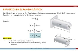 Universidad de Piura | 13
ESFUERZOS EN EL RANGO ELÁSTICO
Torsión
Considerando que el par de torsión T aplicado en el eje, genera esfuerzos por debajo de la resistencia de
fluencia 𝜏 se puede plantear la ley de Hooke a cortante.
𝛾 =
𝜌
𝑐
. 𝛾
𝜏 = 𝐺. 𝛾
Usando:
𝐺. 𝛾 =
𝜌
𝑐
. 𝛾 . 𝐺
𝜏 =
𝜌
𝑐
. 𝜏
Imágenes extraídas y adaptadas de Beer (2017)
𝛾
• El 𝜏 varía linealmente con la distancia 𝜌
• Todos los puntos ubicados a una misma distancia 𝜌 tendrán
el mismo 𝜏
Importante! 𝜏
𝜏
𝜌
𝜌
𝜌
𝜏
 
