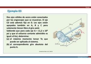 Universidad de Piura | 23
Extraído de Beer et al. (2015)
Ejemplo 03
Dos ejes sólidos de acero están conectados
por los engranajes que se muestran. El eje
CD está además fijo en D. Los ejes están
apoyados también en A, B y C pero
solamente tienen libre el giro axial.
Sabiendo que para cada eje G = 11,2 x 106
psi y que el esfuerzo cortante admisible es
igual a 8 ksi, determine:
(a) el máximo momento torsor To que
puede ser aplicado al sistema.
(b) el correspondiente giro absoluto del
punto A.
Torsión
 