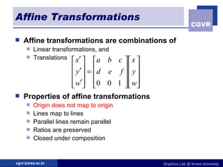 Affine Transformations Affine transformations are combinations of   Linear transformations, and Translations Properties of affine transformations   Origin does not map to origin Lines map to lines Parallel lines remain parallel Ratios are preserved Closed under composition 