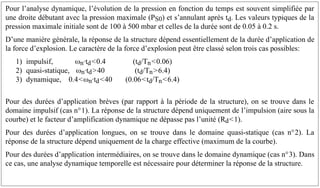 Pour l’analyse dynamique, l’évolution de la pression en fonction du temps est souvent simplifiée par
une droite débutant avec la pression maximale (PS0) et s’annulant après td. Les valeurs typiques de la
pression maximale initiale sont de 100 à 500 mbar et celles de la durée sont de 0.05 à 0.2 s.
D’une manière générale, la réponse de la structure dépend essentiellement de la durée d’application de
la force d’explosion. Le caractère de la force d’explosion peut être classé selon trois cas possibles:
1) impulsif, ωn·td0.4 (td/Tn0.06)
2) quasi-statique, ωn·td40 (td/Tn6.4)
3) dynamique, 0.4ωn·td40 (0.06td/Tn6.4)
Pour des durées d’application brèves (par rapport à la période de la structure), on se trouve dans le
domaine impulsif (cas n°1). La réponse de la structure dépend uniquement de l’impulsion (aire sous la
courbe) et le facteur d’amplification dynamique ne dépasse pas l’unité (Rd1).
Pour des durées d’application longues, on se trouve dans le domaine quasi-statique (cas n°2). La
réponse de la structure dépend uniquement de la charge effective (maximum de la courbe).
Pour des durées d’application intermédiaires, on se trouve dans le domaine dynamique (cas n°3). Dans
ce cas, une analyse dynamique temporelle est nécessaire pour déterminer la réponse de la structure.
 