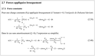 2.7 Forces appliquées brusquement
2.7.1 Force constante
Pour une charge constante (F0) appliquée brusquement à l’instant t=0, l’intégrale de Duhamel devient:
(2.39)
Dans le cas sans amortissement (ζ=0), l’expression se simplifie:
(2.40)
x t
( )
1
m ω
⋅ D
----------------
- F τ
( ) e
ζωn t τ
–
( )
–
ωD t τ
–
( ) τ
d
⋅
sin
⋅
⋅
0
t
∫
⋅
1
m ω
⋅ D
----------------
- F0 e
ζωn t τ
–
( )
–
ωD t τ
–
( ) τ
d
⋅
sin
⋅
⋅
0
t
∫
⋅
=
=
x t
( )
1
m ω
⋅ n
---------------
- F0 ωn t τ
–
( ) τ
d
⋅
sin
⋅
0
t
∫
⋅
F0
m ω
⋅ n
---------------
-
ωn
cos t τ
–
( )
ωn
------------------------------
-
τ 0
=
τ t
=
⋅
F0
m ωn
2
⋅
---------------
- 1 ωn
cos t
–
( )
⋅
F0
k
-----
- 1 ωn
cos t
–
( )
⋅
= =
= =
 
