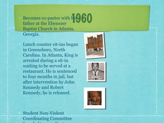 1960
Becomes co-pastor with his
father at the Ebenezer
Baptist Church in Atlanta,
Georgia.

Lunch counter sit-ins began
in Greensboro, North
Carolina. In Atlanta, King is
arrested during a sit-in
waiting to be served at a
restaurant. He is sentenced
to four months in jail, but
after intervention by John
Kennedy and Robert
Kennedy, he is released.



Student Non-Violent
Coordinating Committee
 