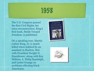 1958
The U.S. Congress passed
the first Civil Rights Act
since reconstruction. King's
first book, Stride Toward
Freedom, is published.

On a speaking tour, Martin
Luther King, Jr. is nearly
killed when stabbed by an
assailant in Harlem. Met
with President Dwight D.
Eisenhower, along with Roy
Wilkins, A. Philip Randolph,
and Lester Grange on
problems affecting black
Americans.
 