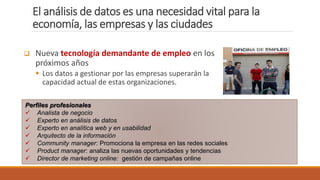 El análisis de datos es una necesidad vital para la
economía, las empresas y las ciudades
 Nueva tecnología demandante de empleo en los
próximos años
 Los datos a gestionar por las empresas superarán la
capacidad actual de estas organizaciones.
Perfiles profesionales
 Analista de negocio
 Experto en análisis de datos
 Experto en analítica web y en usabilidad
 Arquitecto de la información
 Community manager: Promociona la empresa en las redes sociales
 Product manager: analiza las nuevas oportunidades y tendencias
 Director de marketing online: gestión de campañas online
 