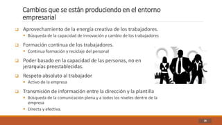 Cambios que se están produciendo en el entorno
empresarial
18
 Aprovechamiento de la energía creativa de los trabajadores.
 Búsqueda de la capacidad de innovación y cambio de los trabajadores
 Formación continua de los trabajadores.
 Continua formación y reciclaje del personal
 Poder basado en la capacidad de las personas, no en
jerarquías preestablecidas.
 Respeto absoluto al trabajador
 Activo de la empresa
 Transmisión de información entre la dirección y la plantilla
 Búsqueda de la comunicación plena y a todos los niveles dentro de la
empresa
 Directa y efectiva.
 