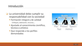Introducción
3
 La universidad debe cumplir su
responsabilidad con la sociedad
 Formación integral y de calidad
◦ Enfoques, dedicación, recursos,…
 Ajustada al conocimiento científico,
técnico o artístico
 Que responda a los perfiles
demandados
 